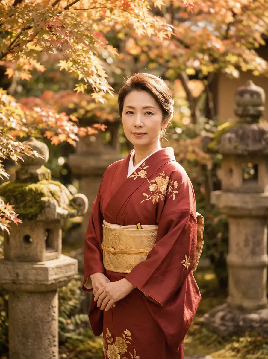 一位身穿暗红色和服的优雅 小丑2019在线观看 在日式庭院中